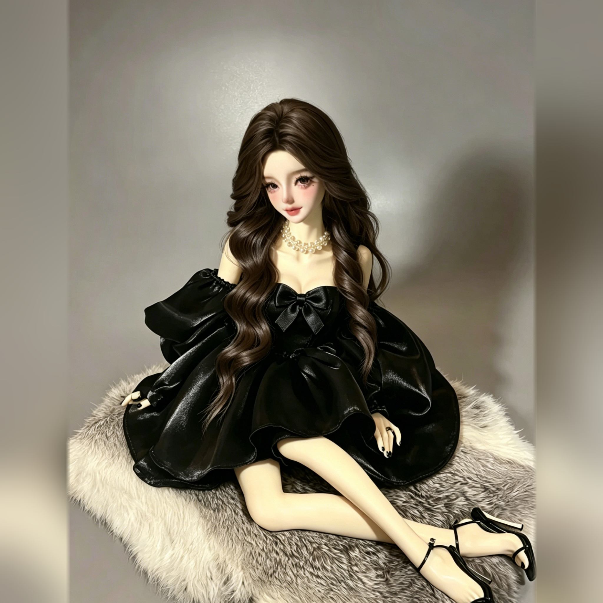 1/3 sclae female BJD body, styled in a black dress with crossed-leg pose