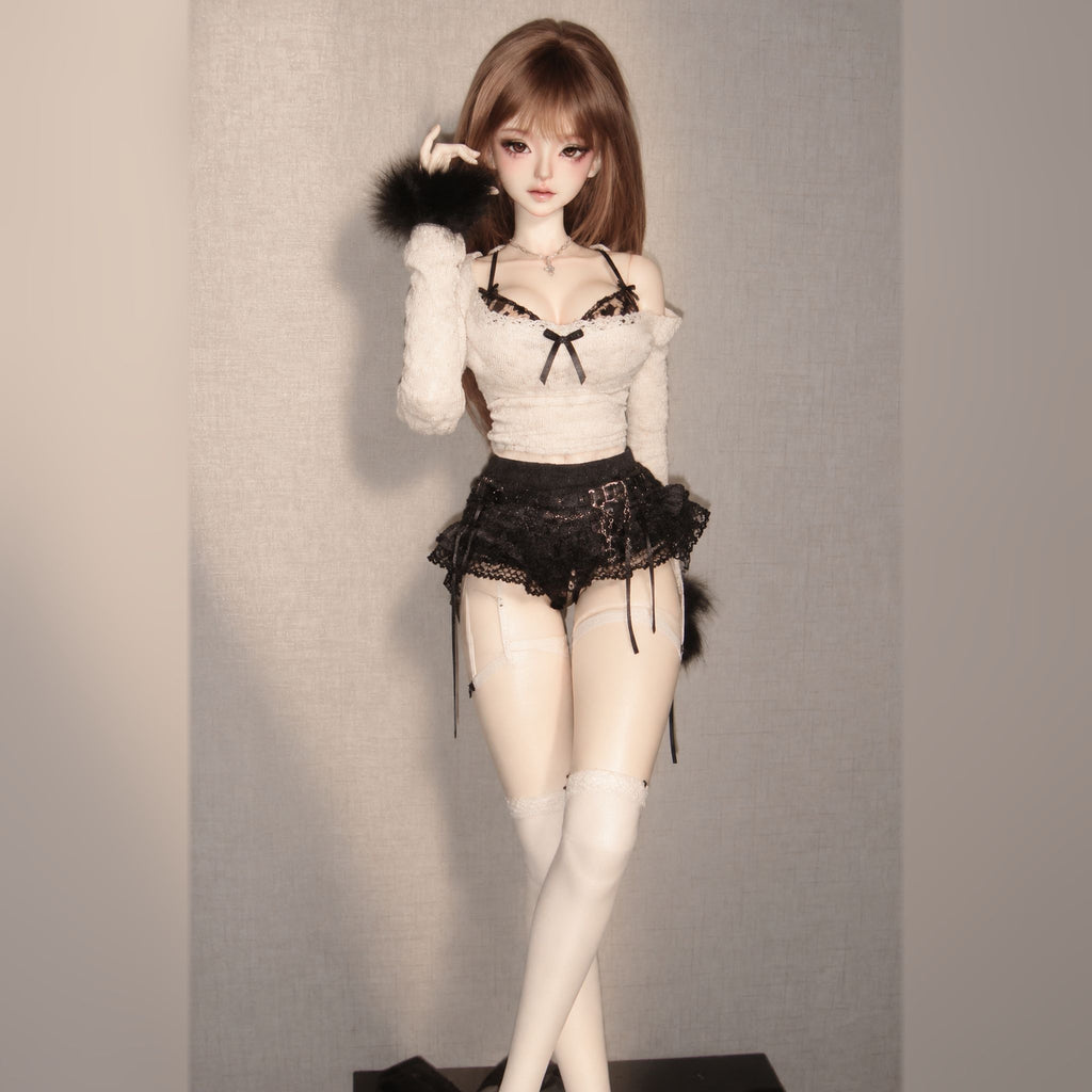 Styled 1/3 scale female BJD display with face-up, brown wig and black lace outfit
