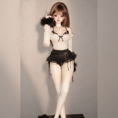 Styled 1/3 scale female BJD display with face-up, brown wig and black lace outfit