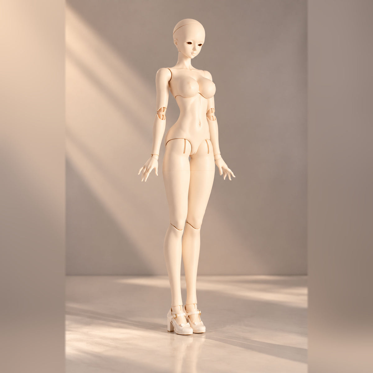 Full front view of a long-legged female BJD body with articulated joints