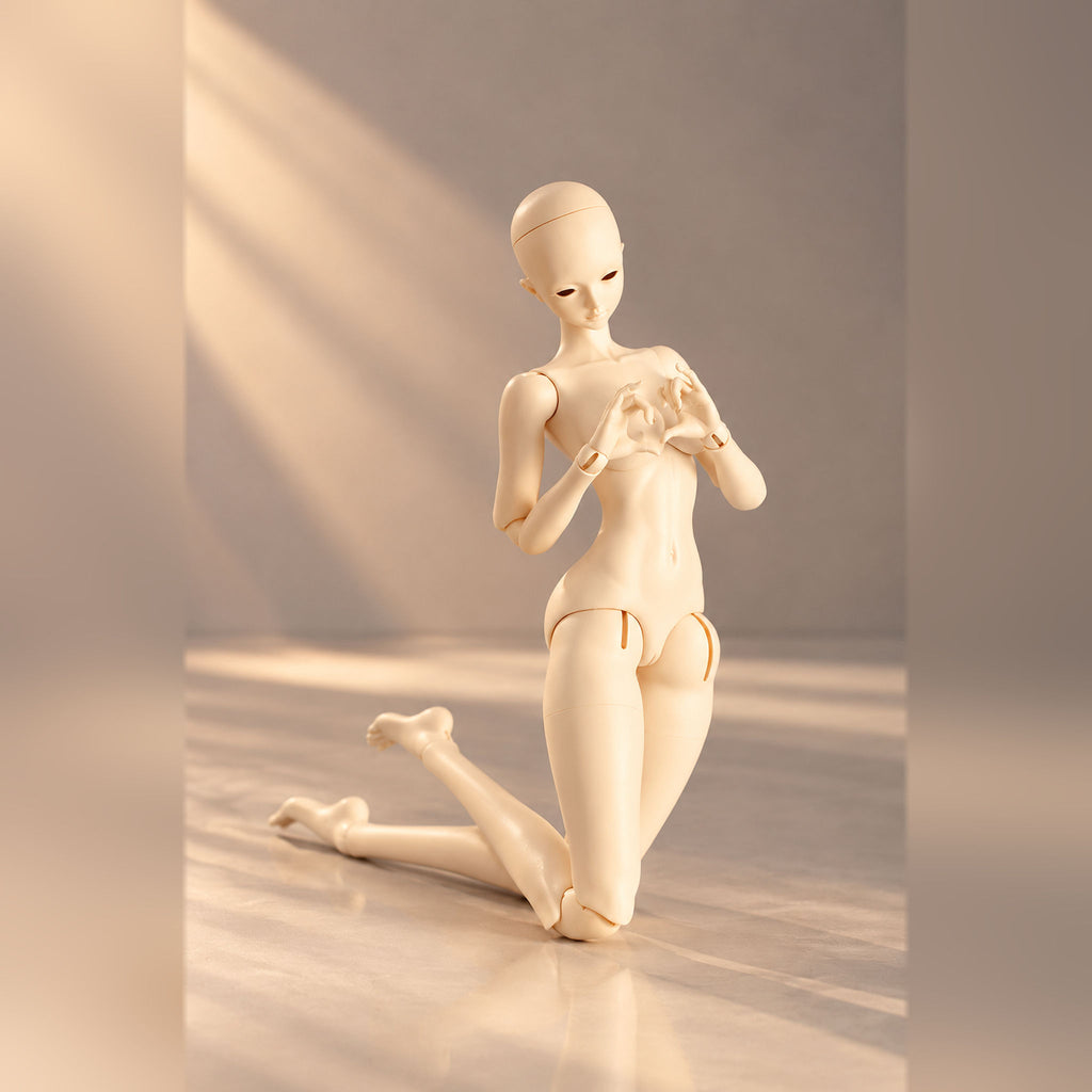 Poseable female BJD body kneeling with flexible wrists, elbows, hips and knees