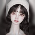 Styled female BJD head with long wavy black hair, cream knit beanie, soft pink eyes and glossy lips