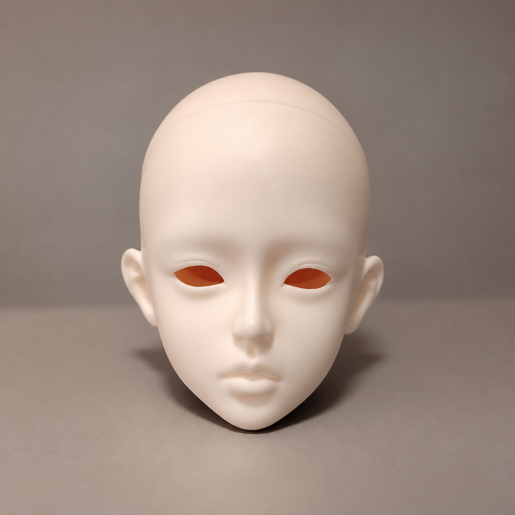 Unpainted female BJD head sculpt with almond-shaped eye openings, a petite nose and softly defined full lips