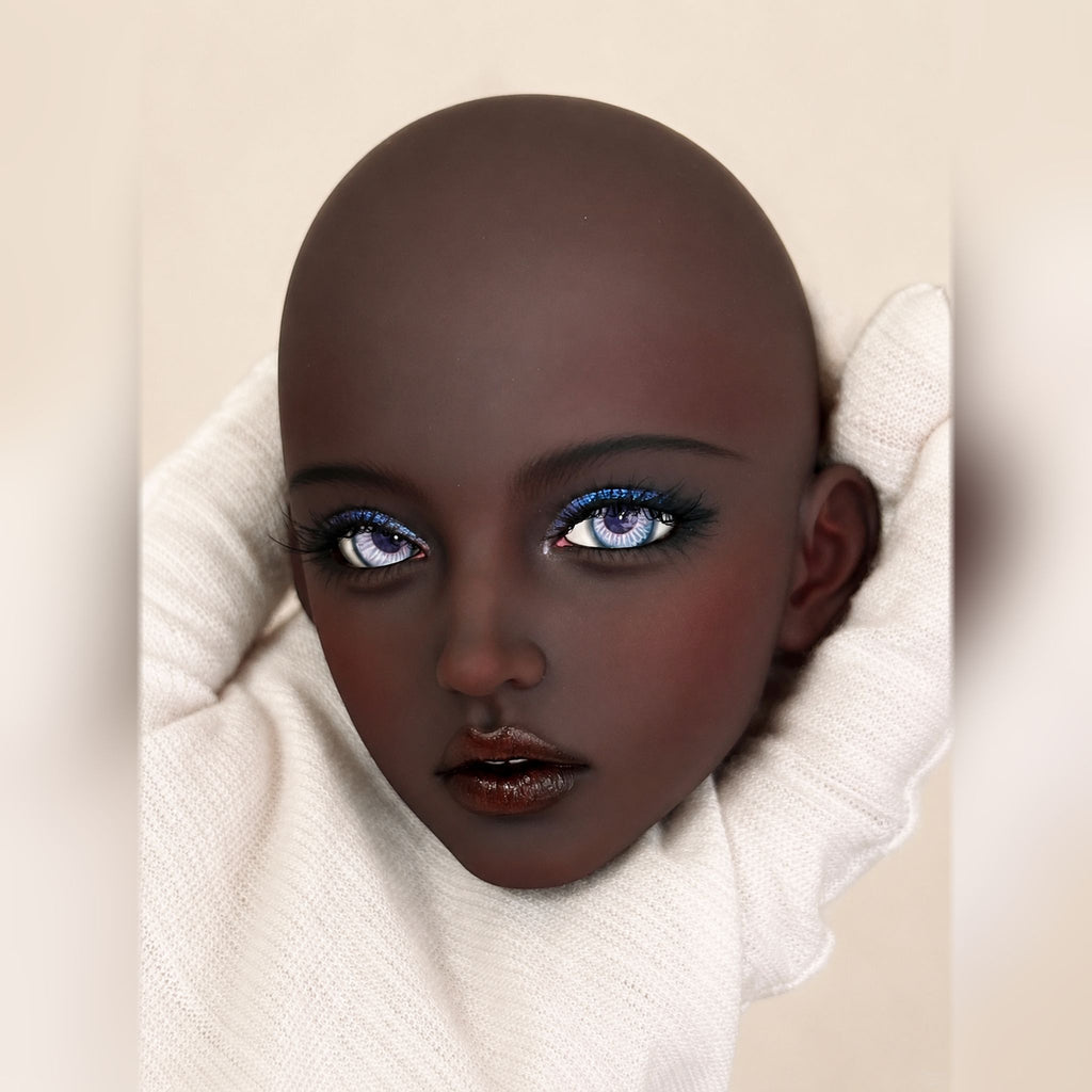 1/3 Scale BJD Girl Head Sculpt Custom Face-up Dark Skin Close-up with Purple Eyes and Glossy Lips