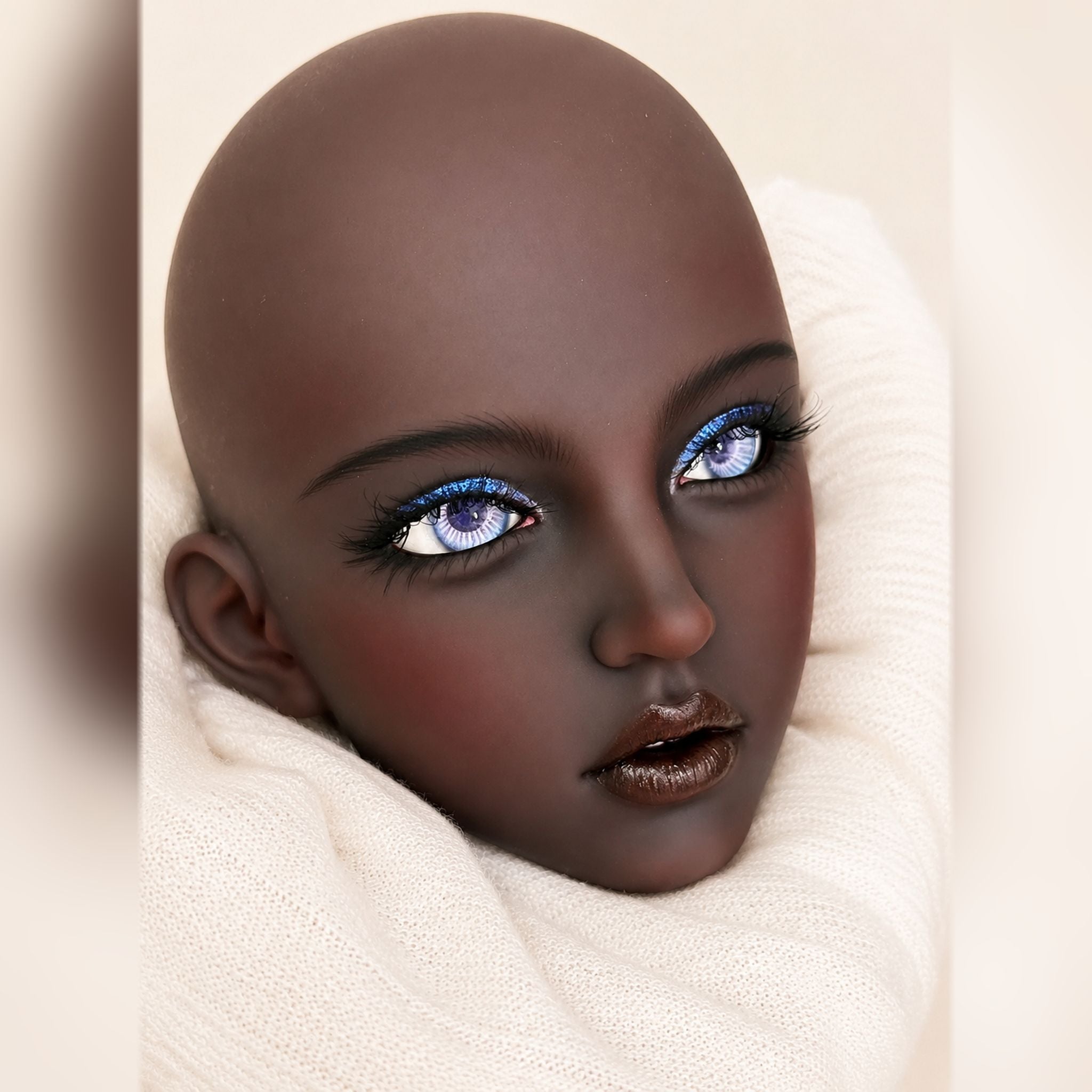 1/3 Scale BJD Girl Head Sculpt Custom Face-up Dark Skin Side Close-up with Purple Eyes