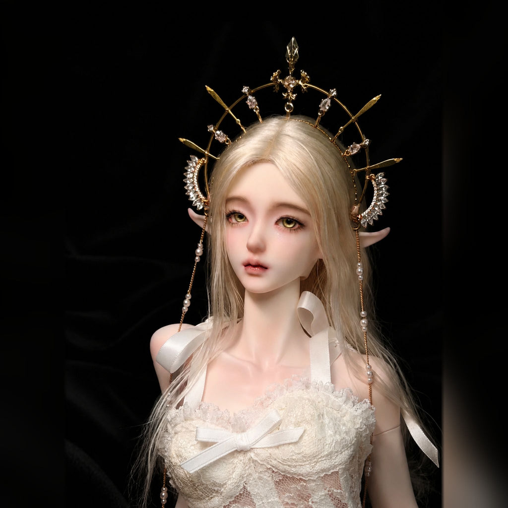 1/3 Scale Resin Female Elf BJD Doll Head Custom Face-up Front Portrait with Blonde Wig and Fantasy Crown