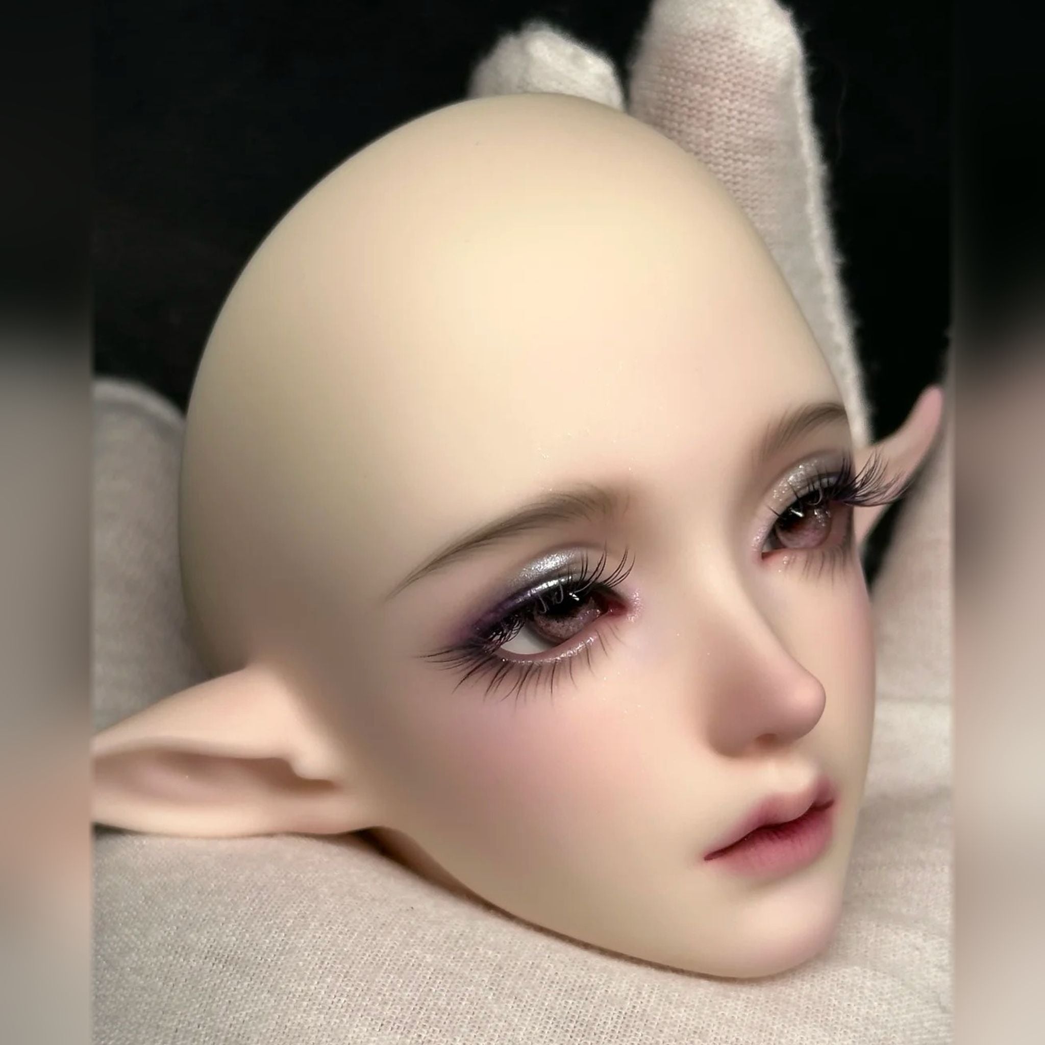 1/3 Scale BJD Female Elf Head Sculpt Custom Face-up Side Portrait with Purple Eye Makeup and Elf Ears