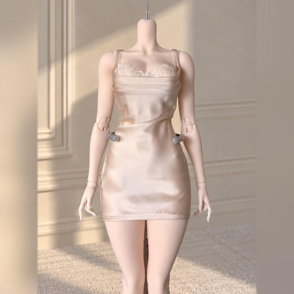 1/3 scale female BJD body wearing a fitted satin dress to show body proportions