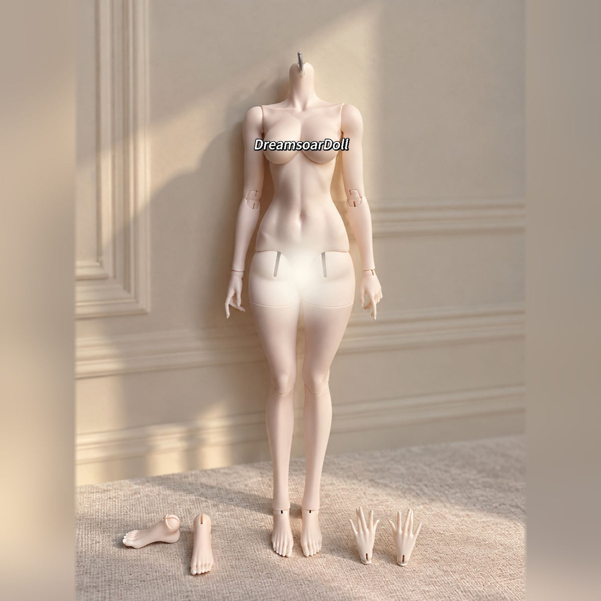 Full view of 57cm female resin BJD body with interchangeable hands and feet
