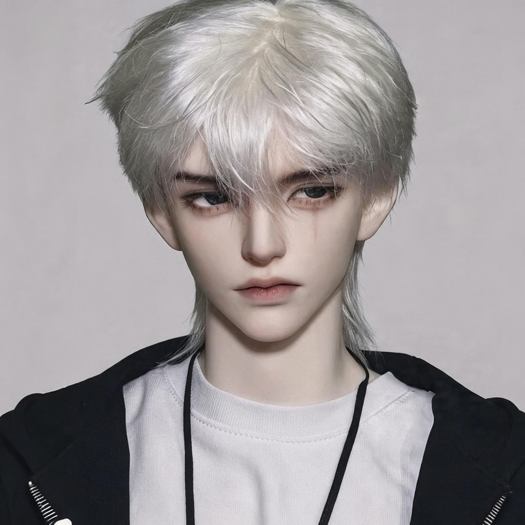 2）1/3 Scale male BJD head with custom face-up, silver short wig and casual layered outfit styling