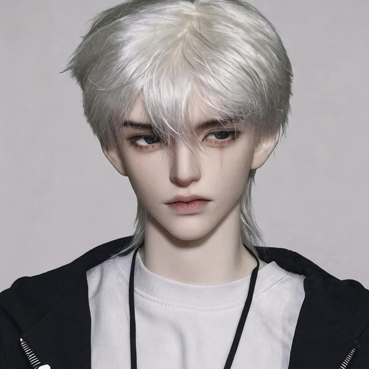 2）1/3 Scale male BJD head with custom face-up, silver short wig and casual layered outfit styling