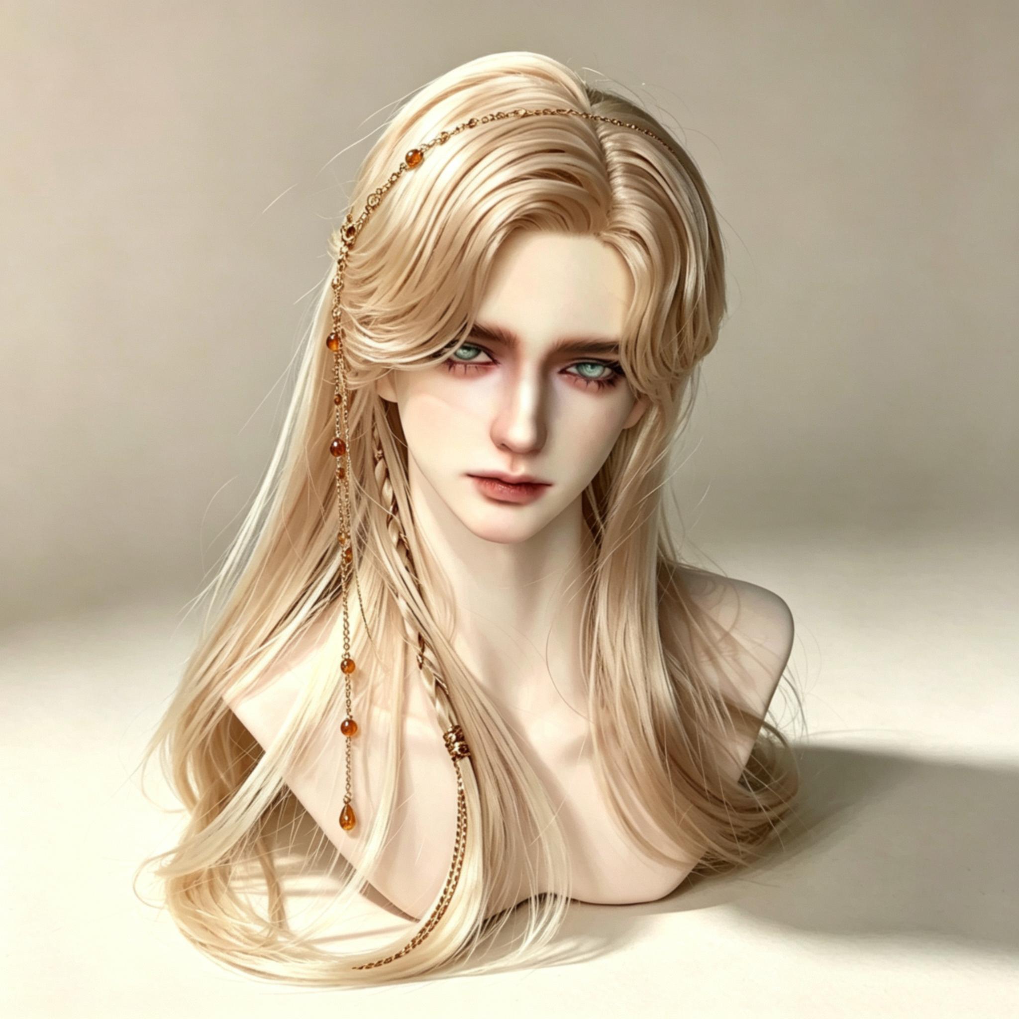 1/3 Scale male BJD head with custom face-up, blonde wig, decorative head chain and fantasy portrait