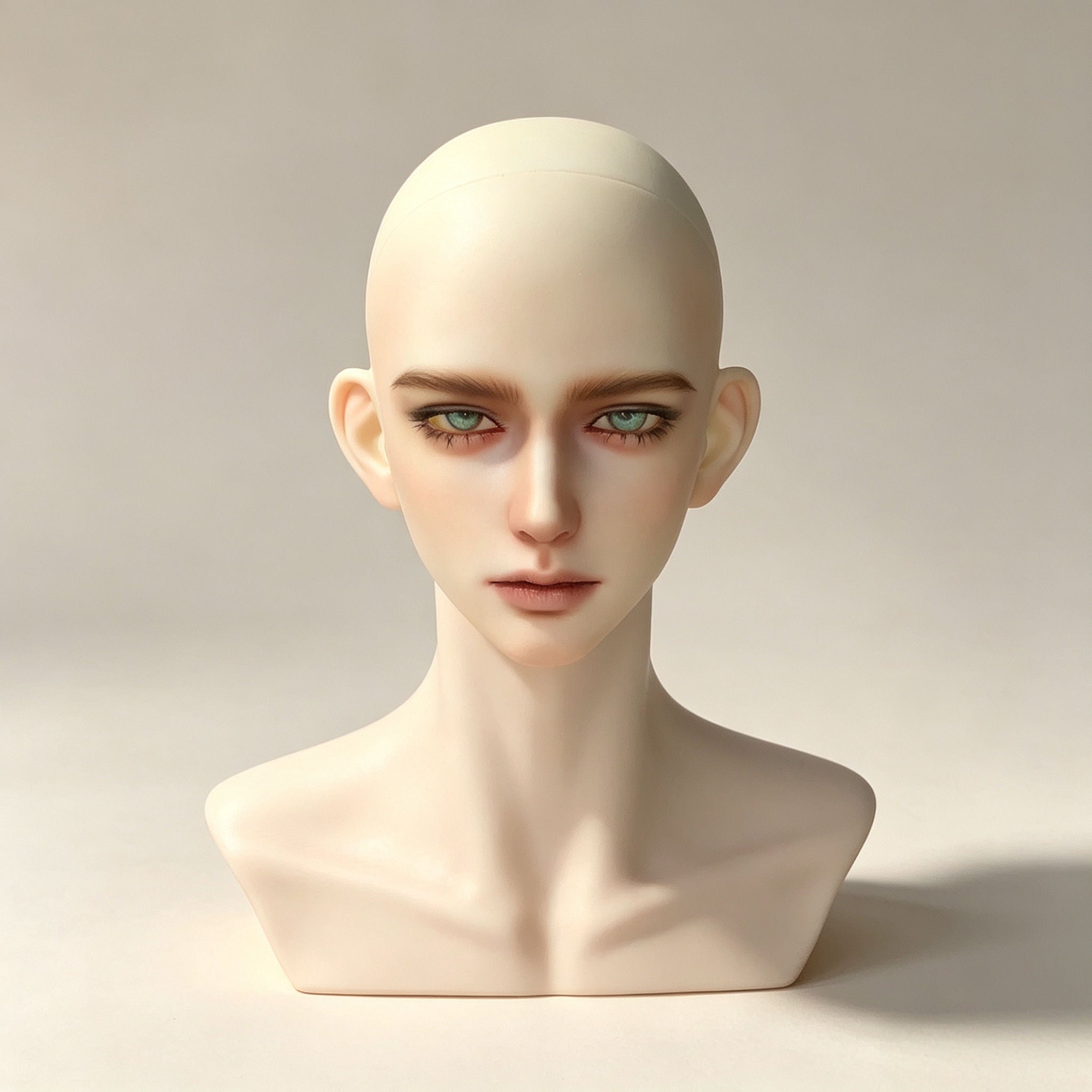 1/3 Scale male BJD head with custom face-up, realistic makeup and front portrait view