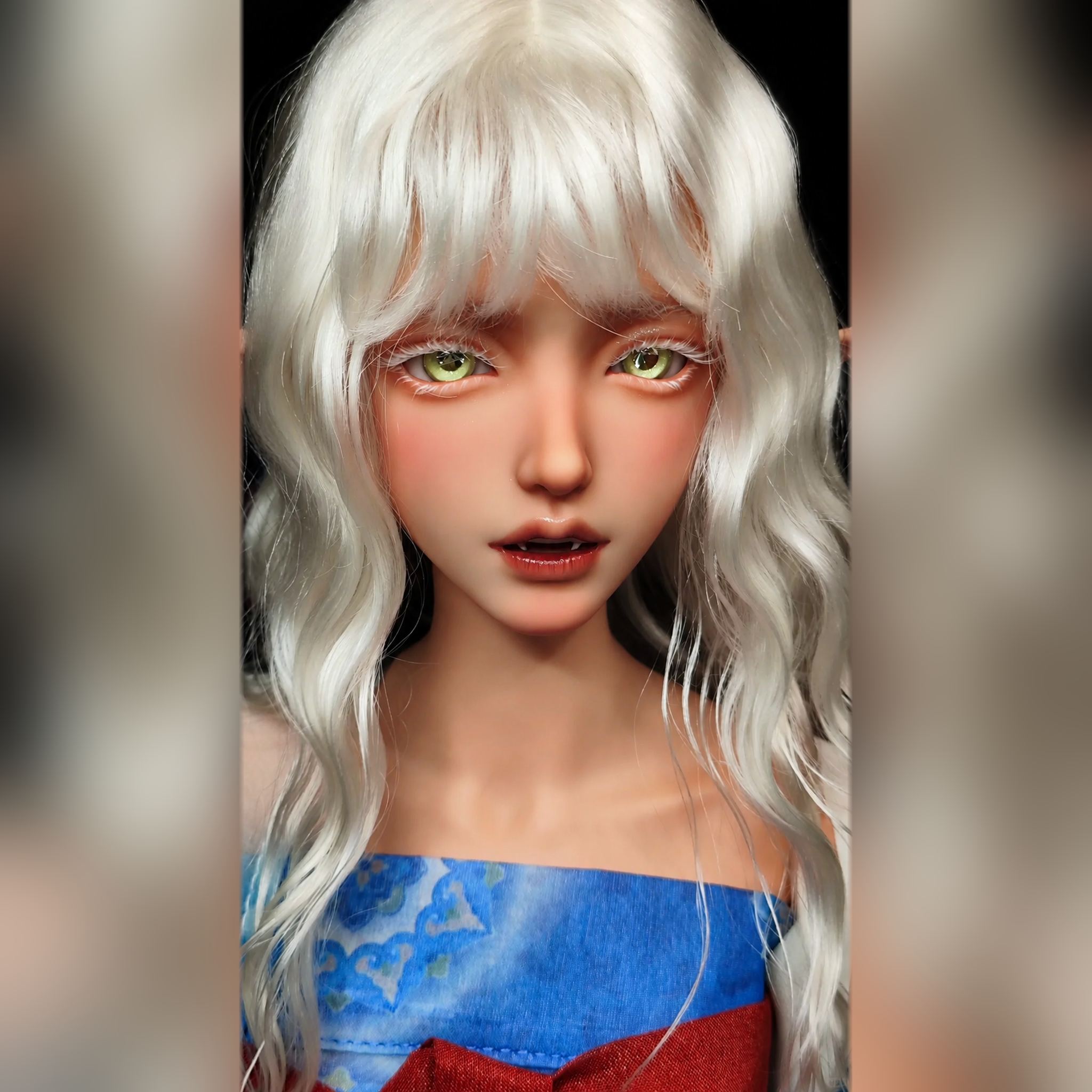 1/3 Scale BJD Female Elf Head Sculpt with White Wig Green Eyes and Custom Face-up Front Portrait