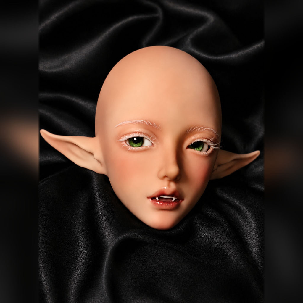 1/3 Scale BJD Female Elf Head Sculpt Custom Face-up Display with Green Eyes and Open Mouth Close-up