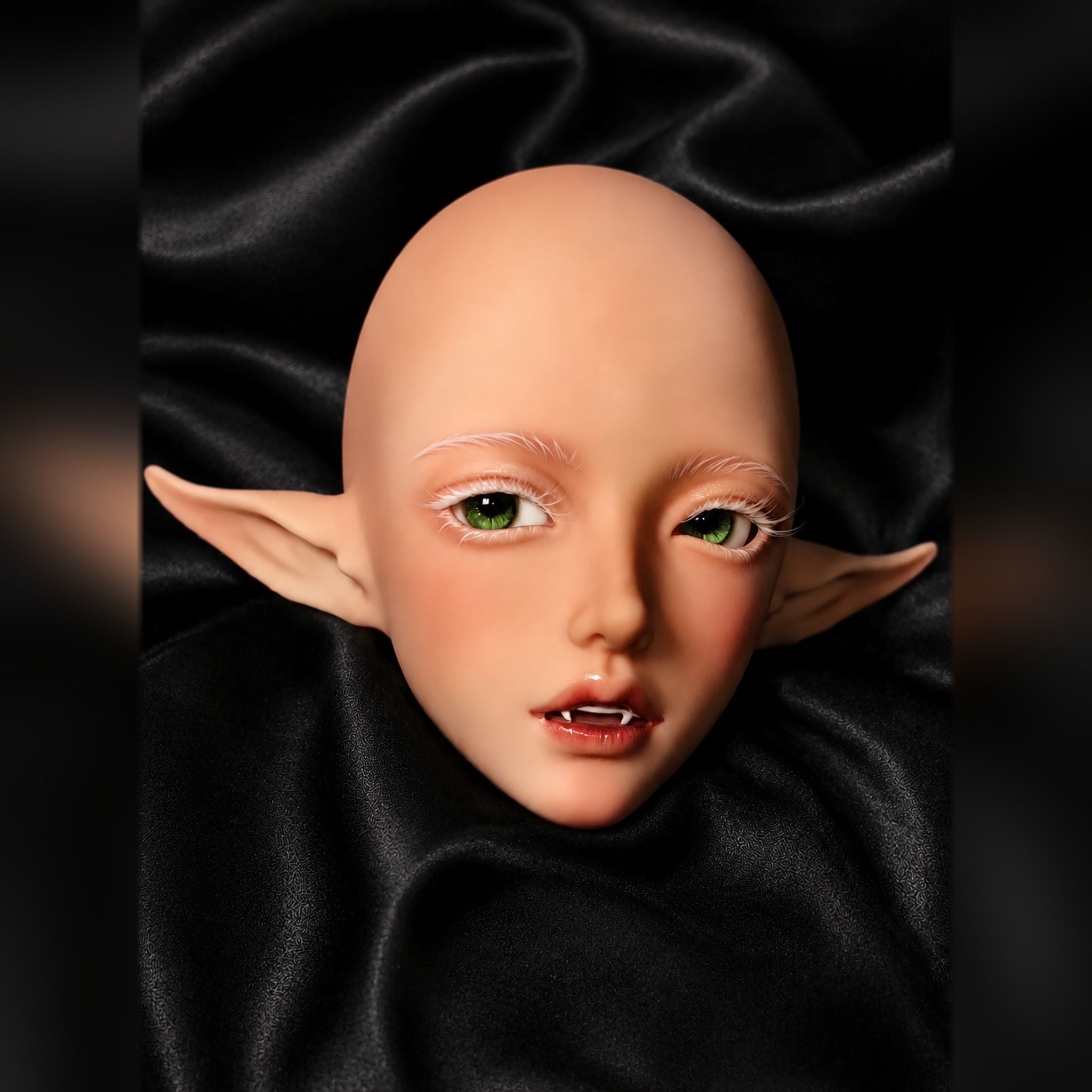 1/3 Scale BJD Female Elf Head Sculpt Custom Face-up Display with Green Eyes and Open Mouth Close-up
