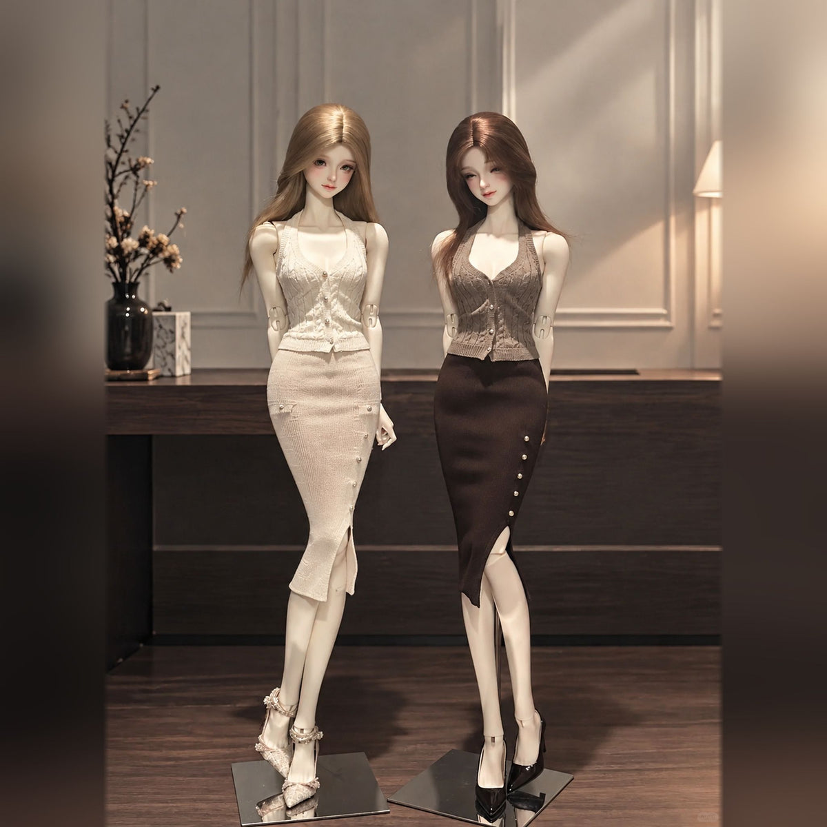 Two styled 1/3 scale female BJD displays with face-ups, long wigs and elegant outfits
