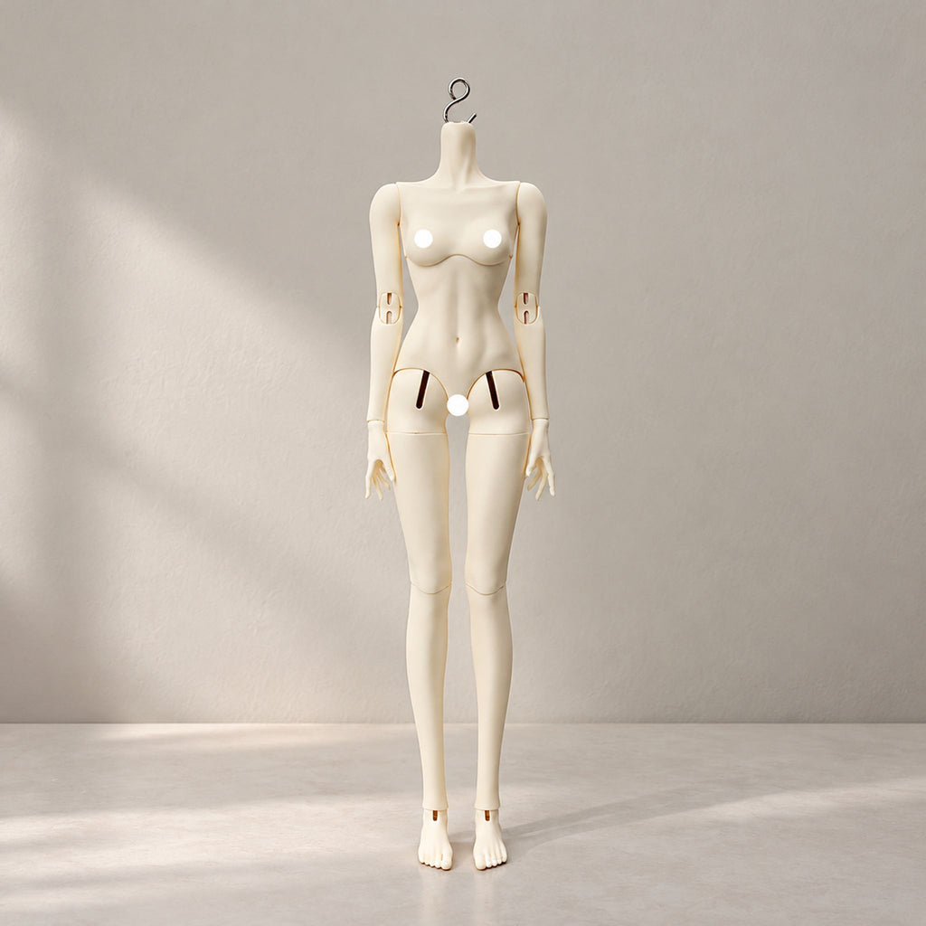 Front view of a 59cm female BJD body with slim waist and articulated joints