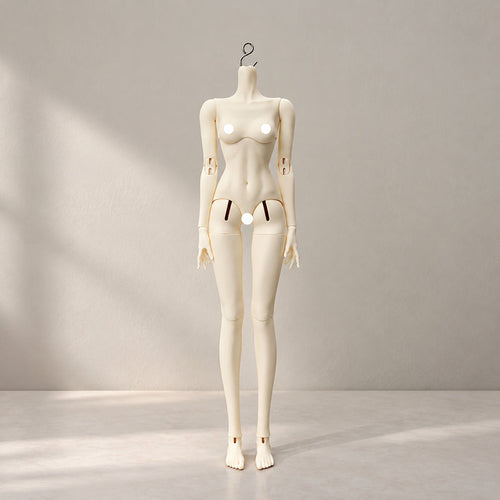 Front view of a 59cm female BJD body with slim waist and articulated joints