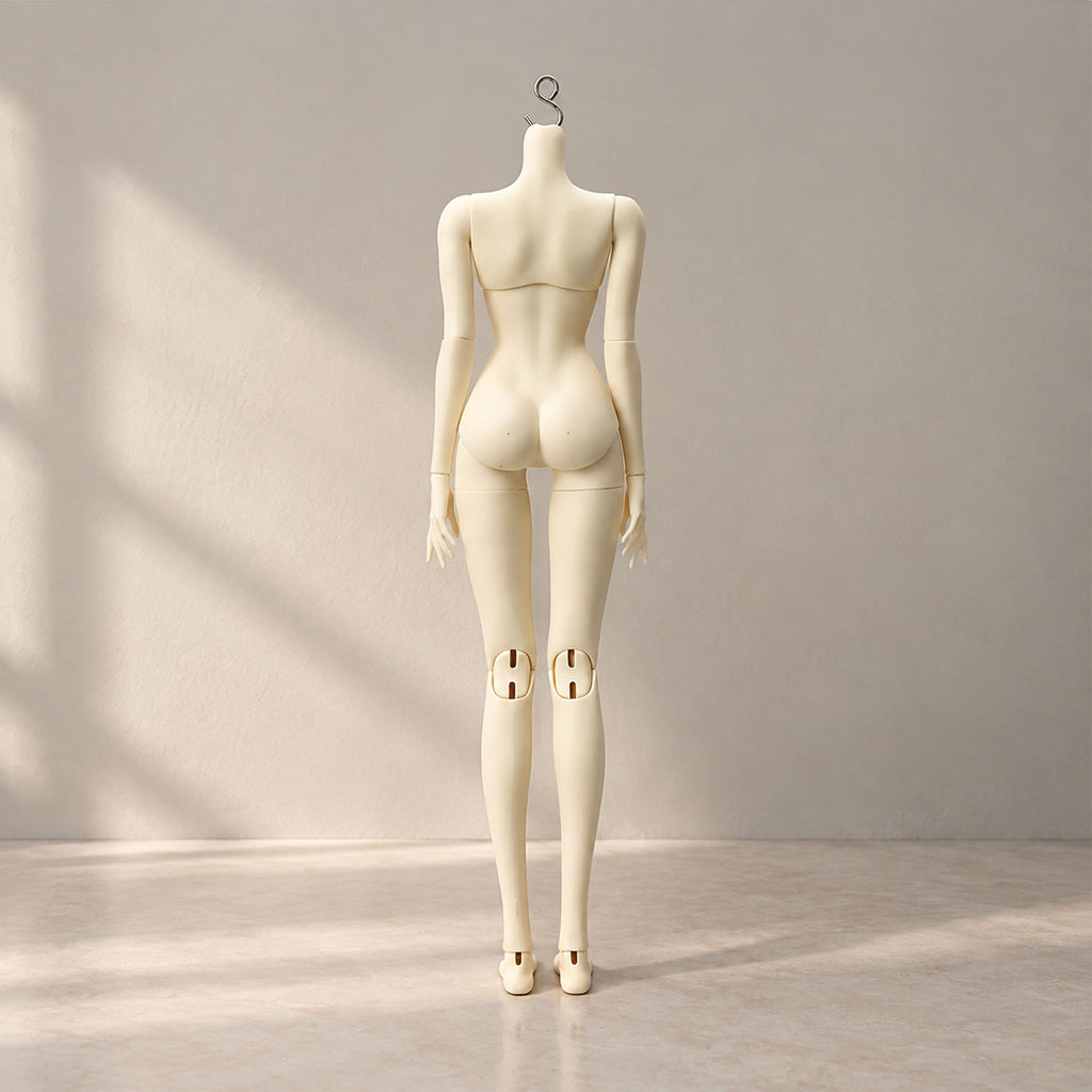 Back view of a long-legged female BJD body showing sculpted curves and knee joints