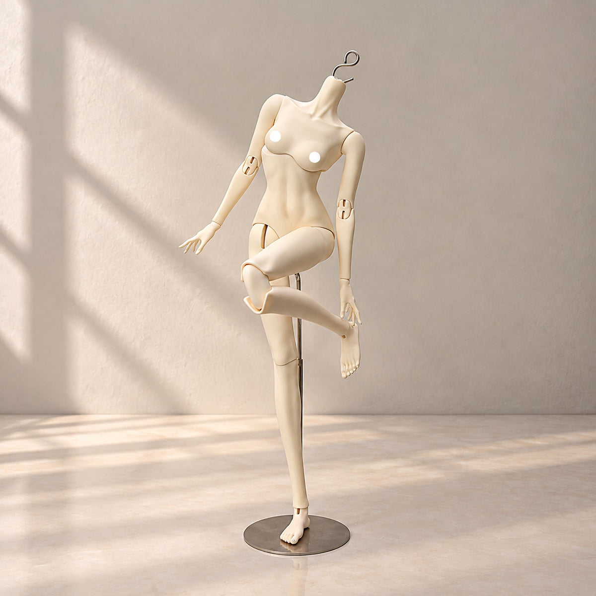 Highly poseable female BJD body balancing on one leg with flexible limbs