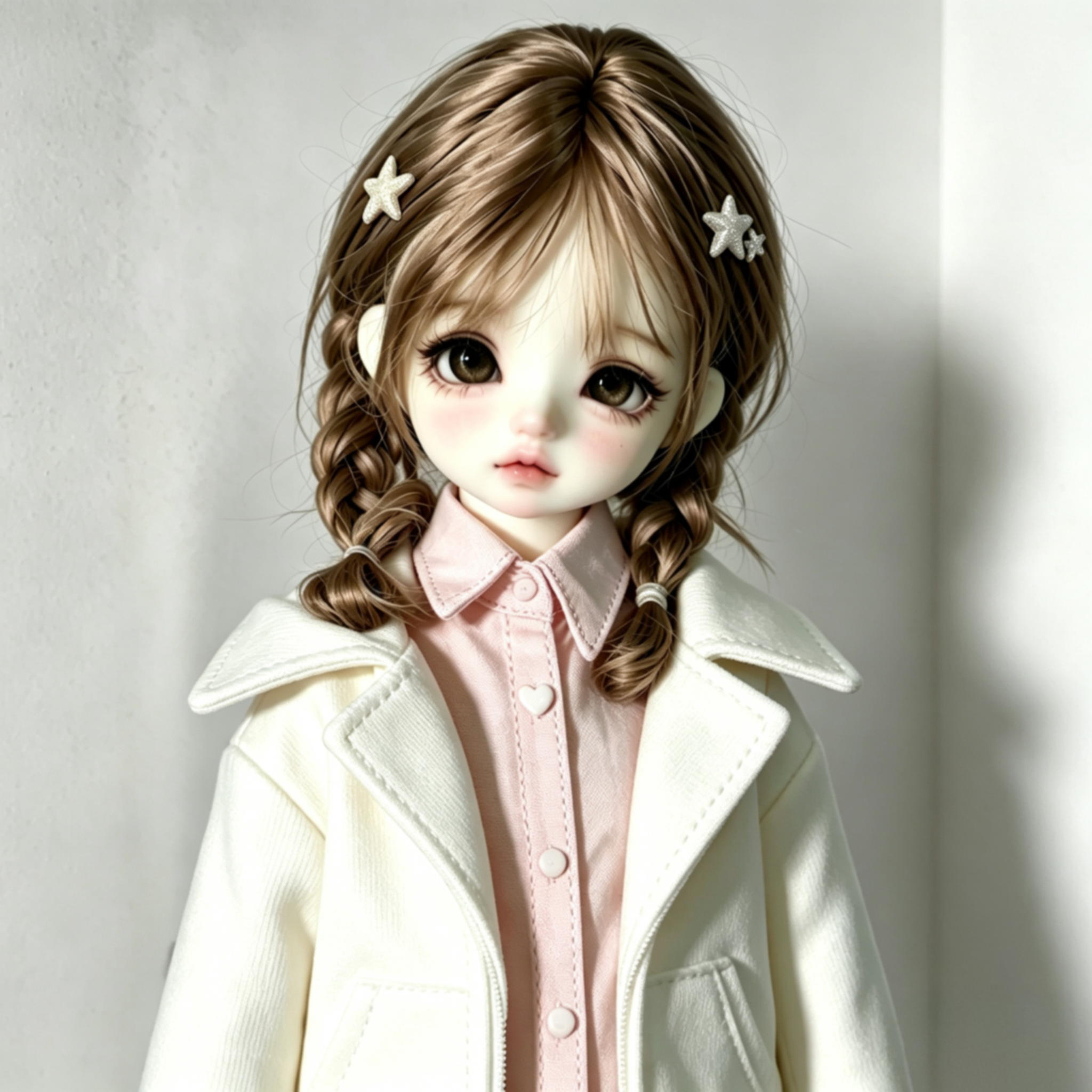 1/4 Scale BJD Head Sculpt with custom face-up, brown braided wig and casual outfit display for ball-jointed dolls