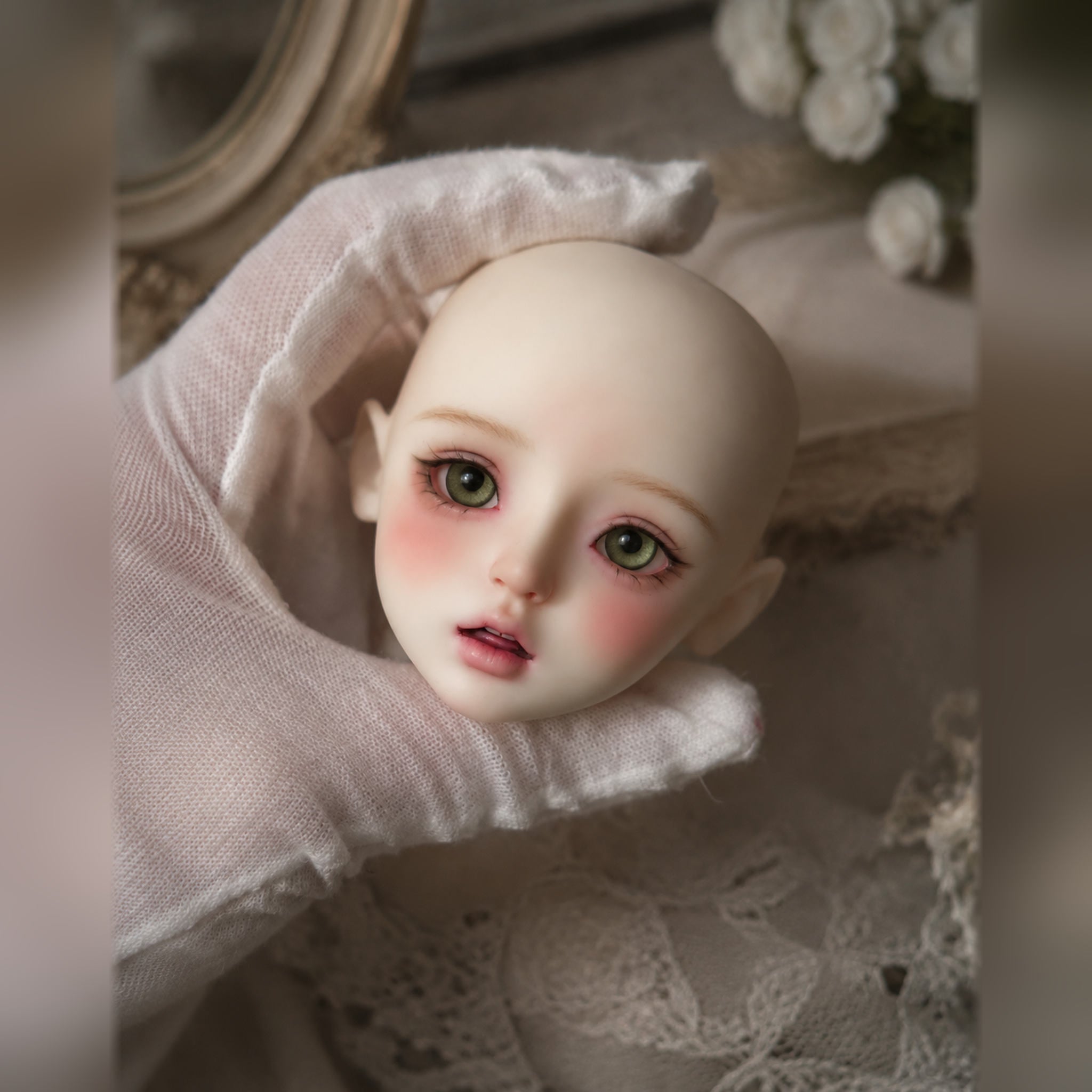 1/4 Scale BJD T4457 Head Sculpt Close-up with Custom Face-up and Green Acrylic Eyes