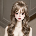 Clove female BJD resin head displayed with long brown wig, eyes and finished face-up
