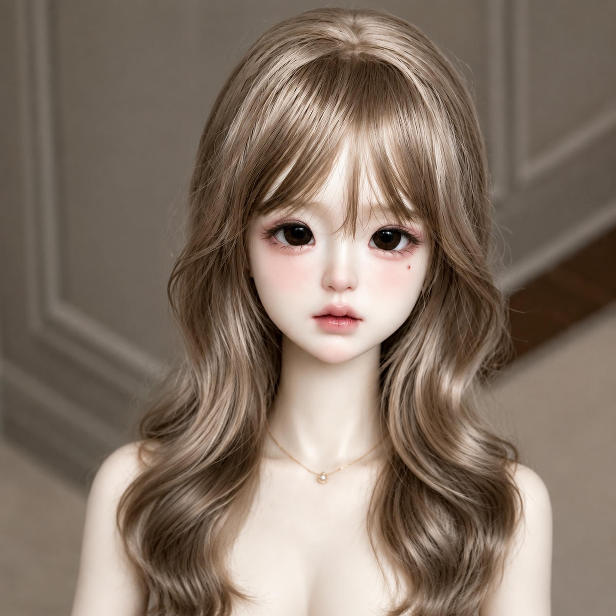 Clove female BJD resin head displayed with long brown wig, eyes and finished face-up