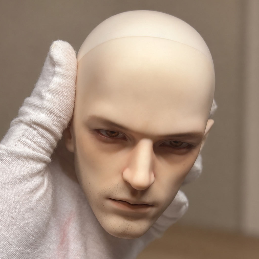 Angled close-up of a mature male BJD head with sculpted features and subtle beard detailing