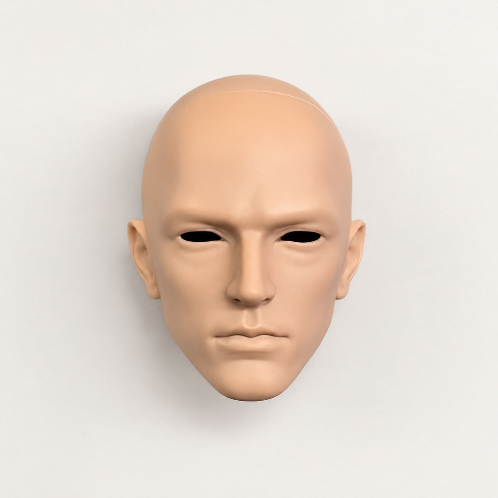 Unpainted male BJD head sculpt with narrow eye openings, defined cheekbones and an angular jaw