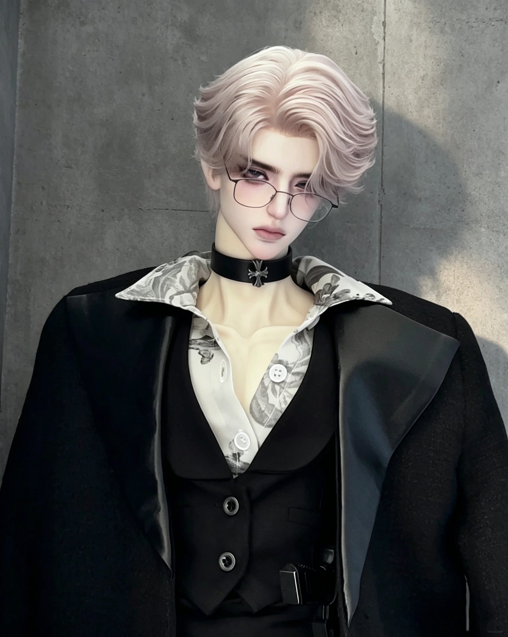 75cm male BJD body with realistic muscle sculpt wearing black fashion outfit