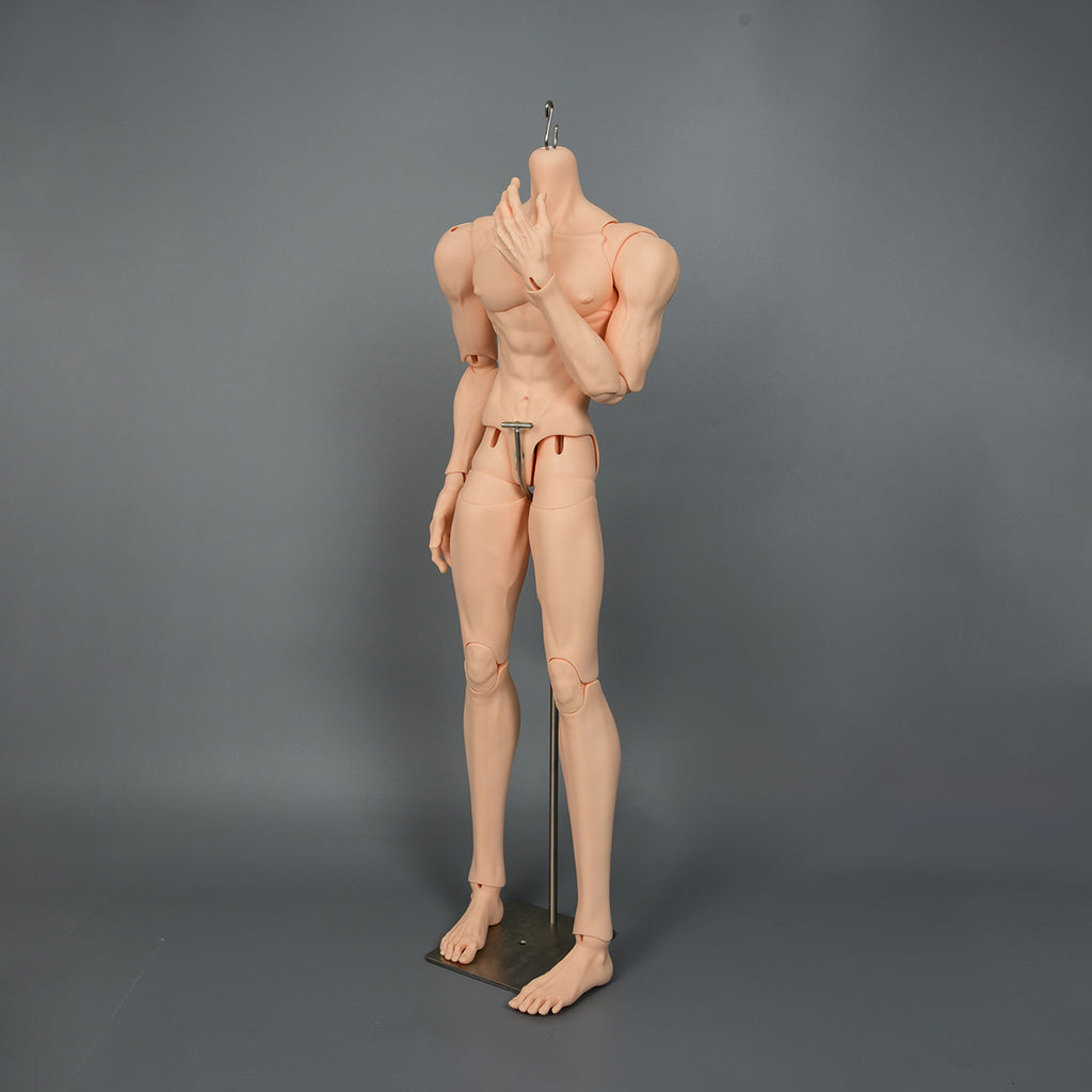 Side view of 75cm male BJD doll body showing realistic anatomy and handcrafted resin details