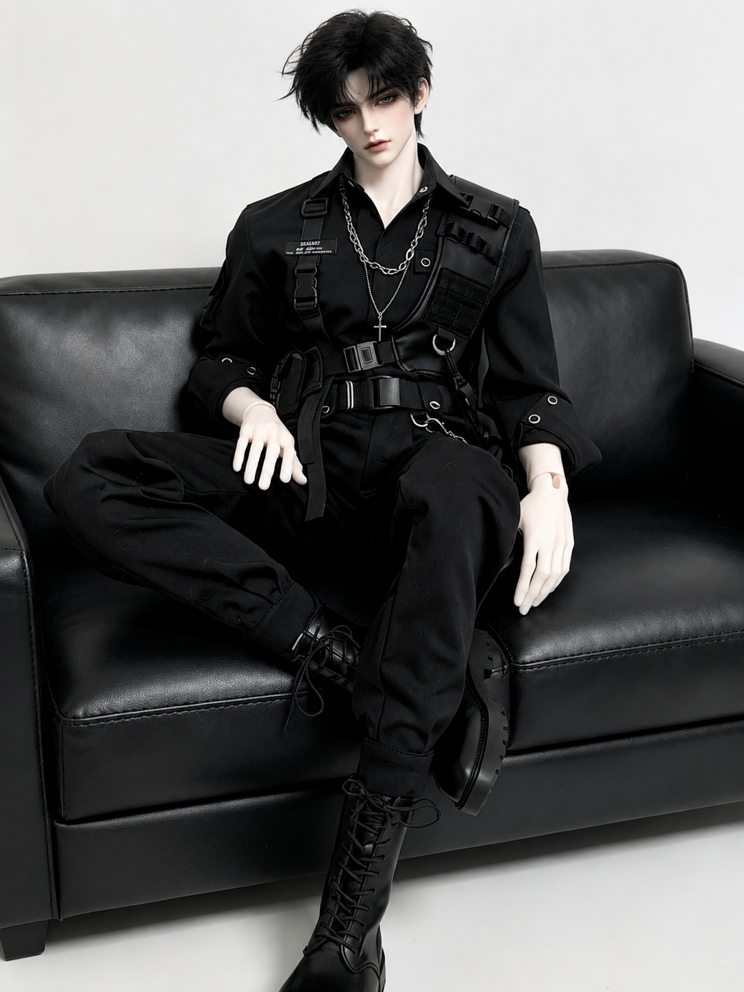 77cm 1/3 scale male BJD body wearing black outfit for display