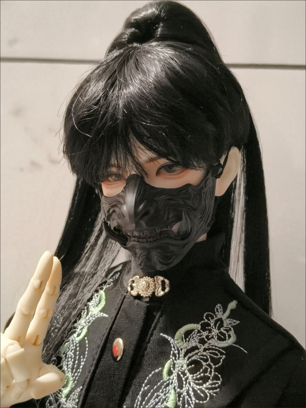 1/3 BJD doll wearing black resin half face mask for custom styling