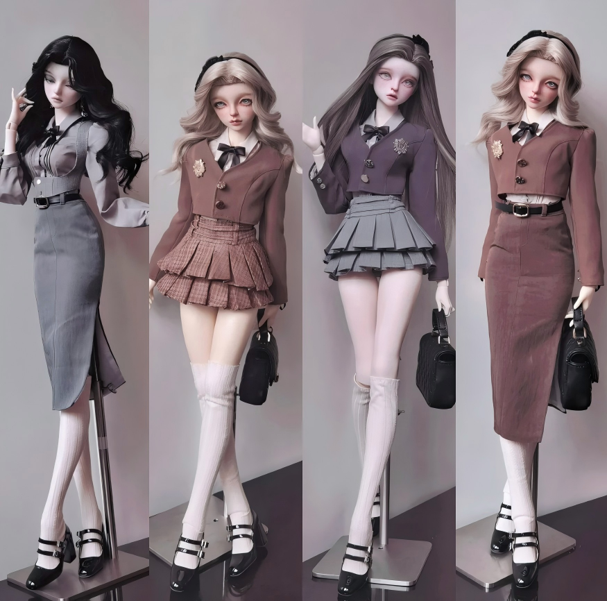 BJD female doll with different clothing styles and fashion accessories
