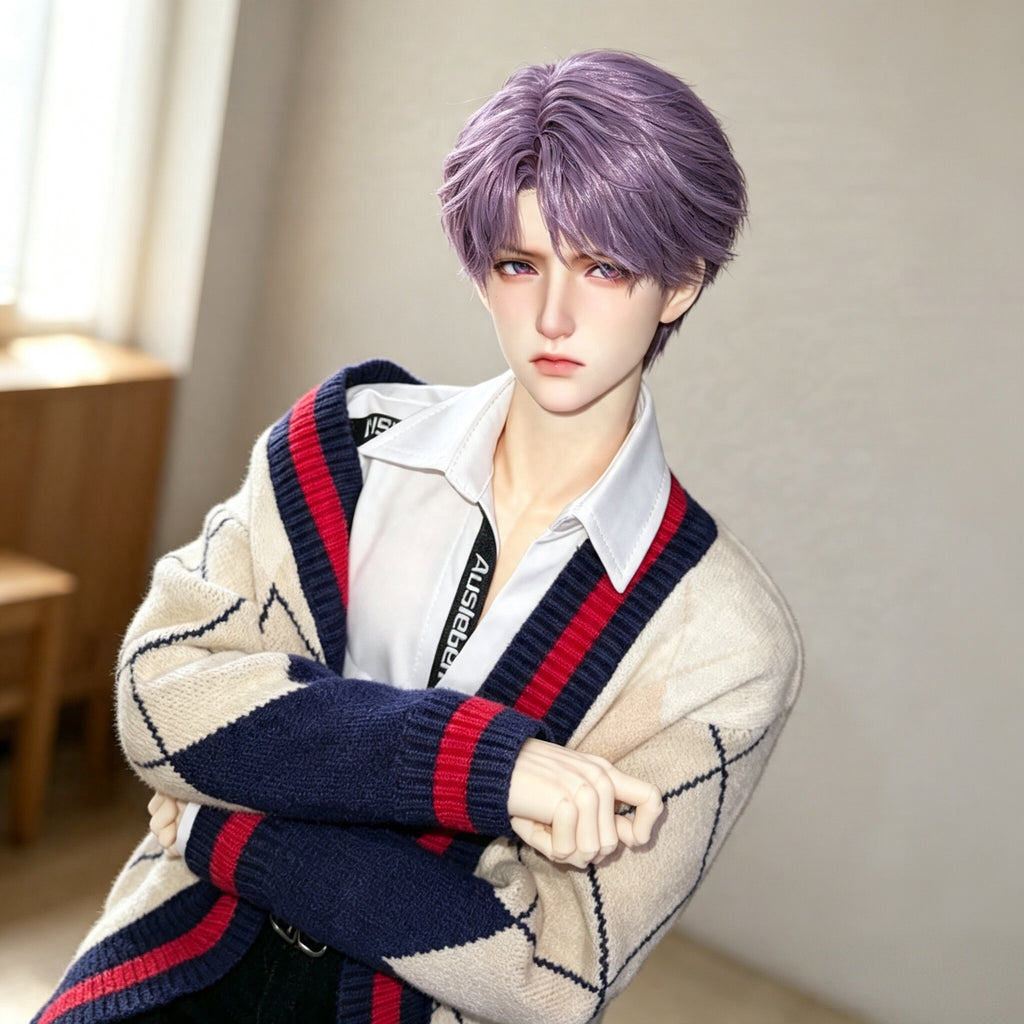 1/3 scale male BJD head sculpt with cute college boy style face-up and purple wig display