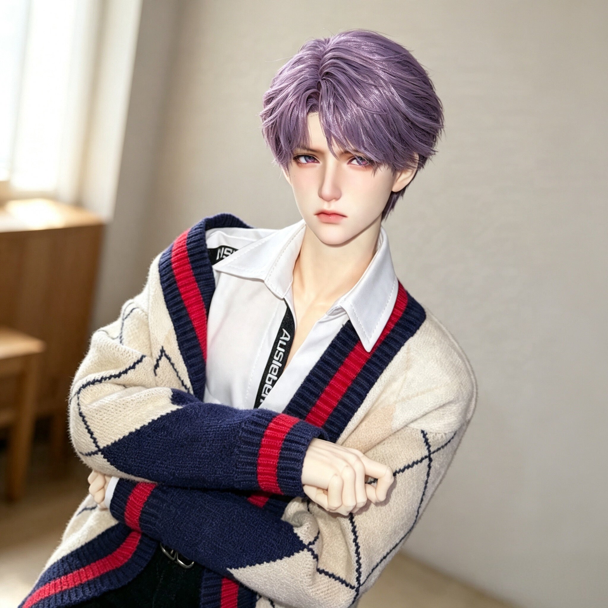1/3 scale male BJD head sculpt with cute college boy style face-up and purple wig display
