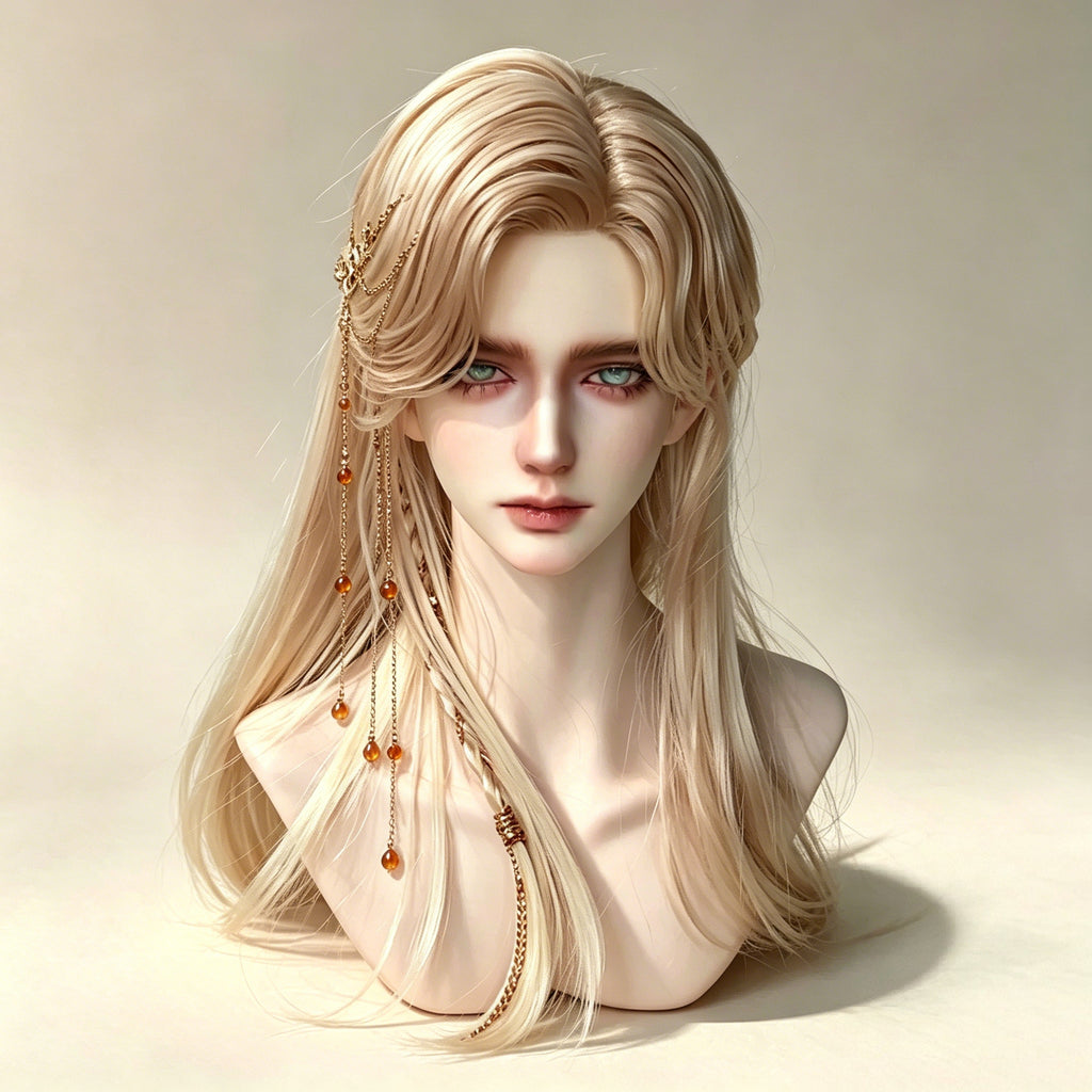 Elf inspired male BJD head with fantasy character styling and wig