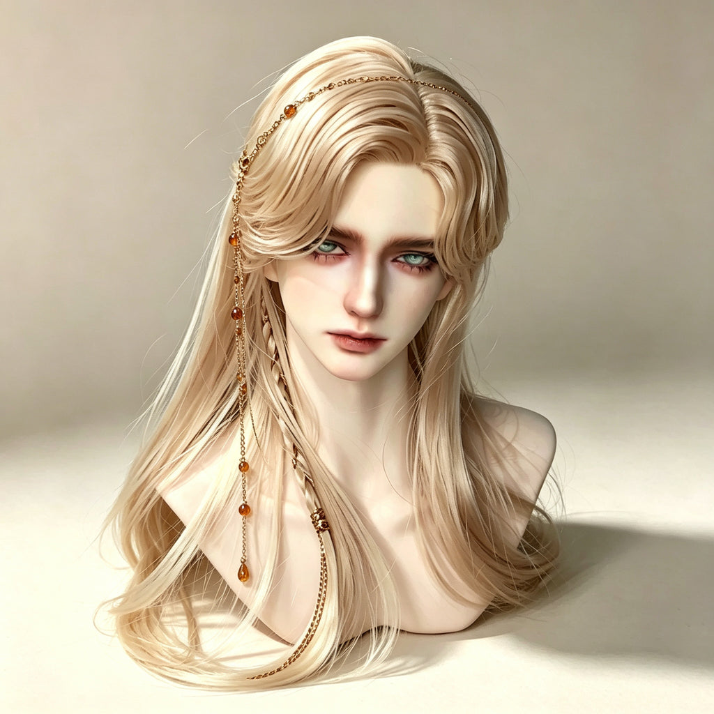 Elegant fantasy style male BJD doll head side view with long hair styling