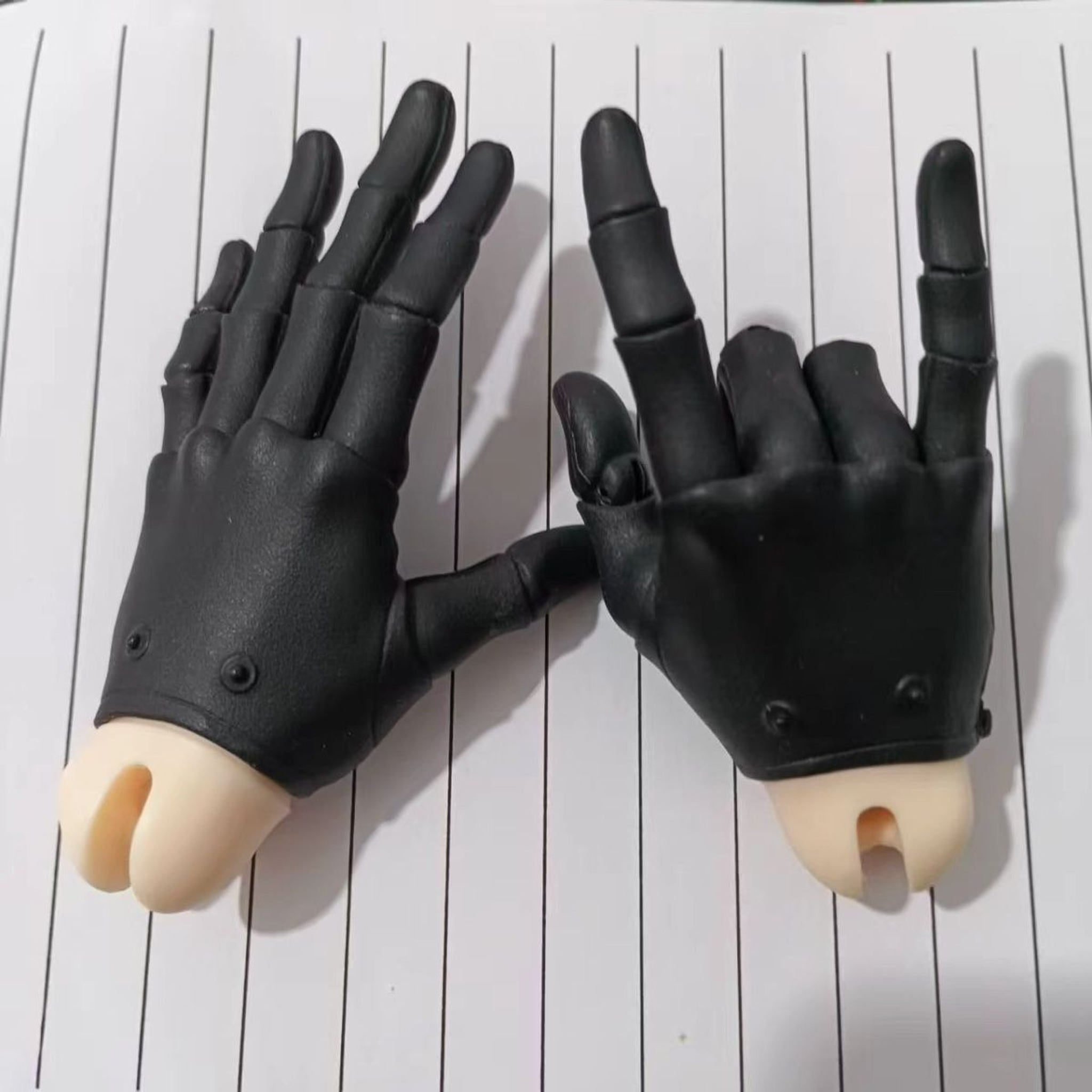 LLT black gloved resin BJD jointed hands with individually poseable fingers, front and back views
