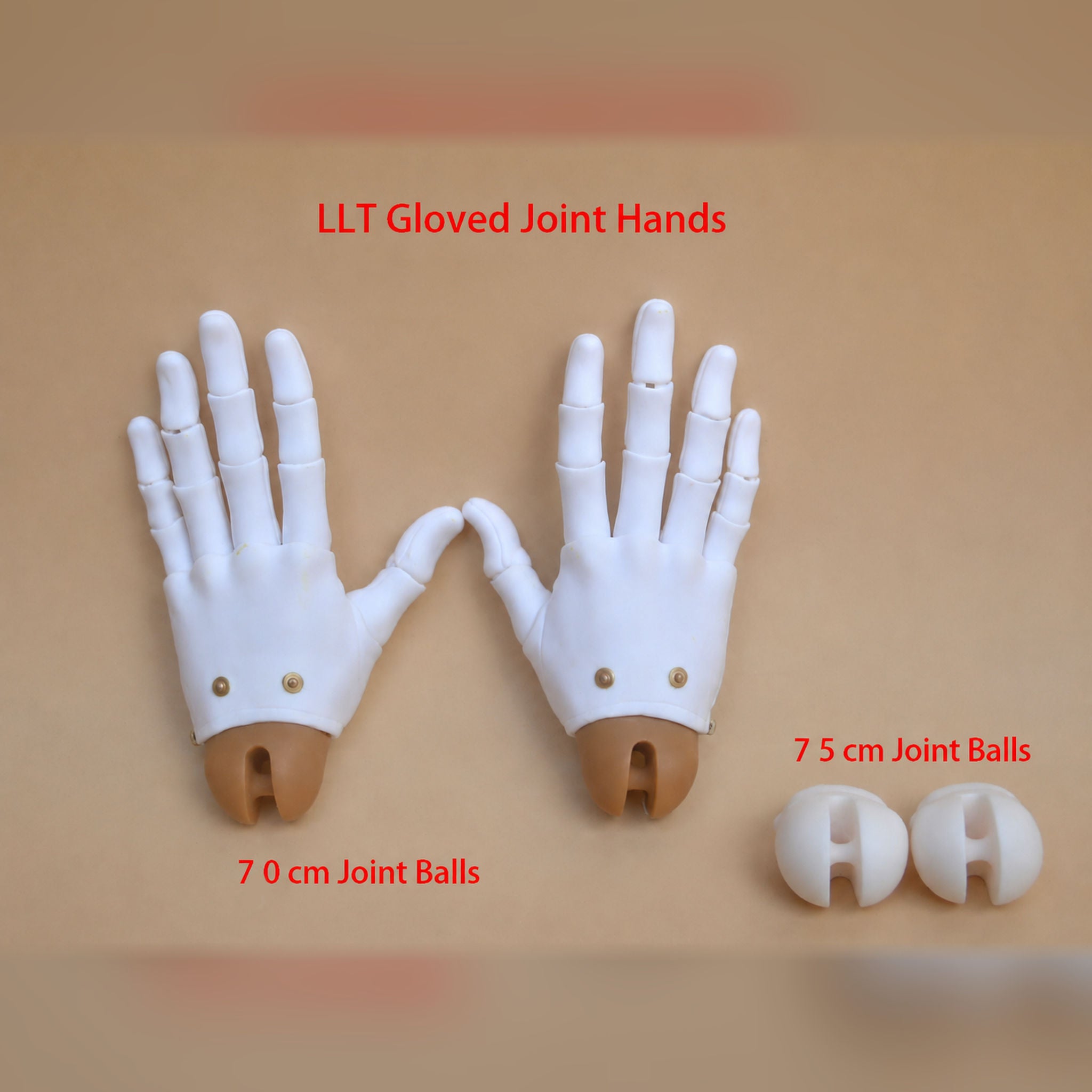 LLT white gloved BJD jointed hands with 70 cm wrist balls and optional 75 cm joint balls
