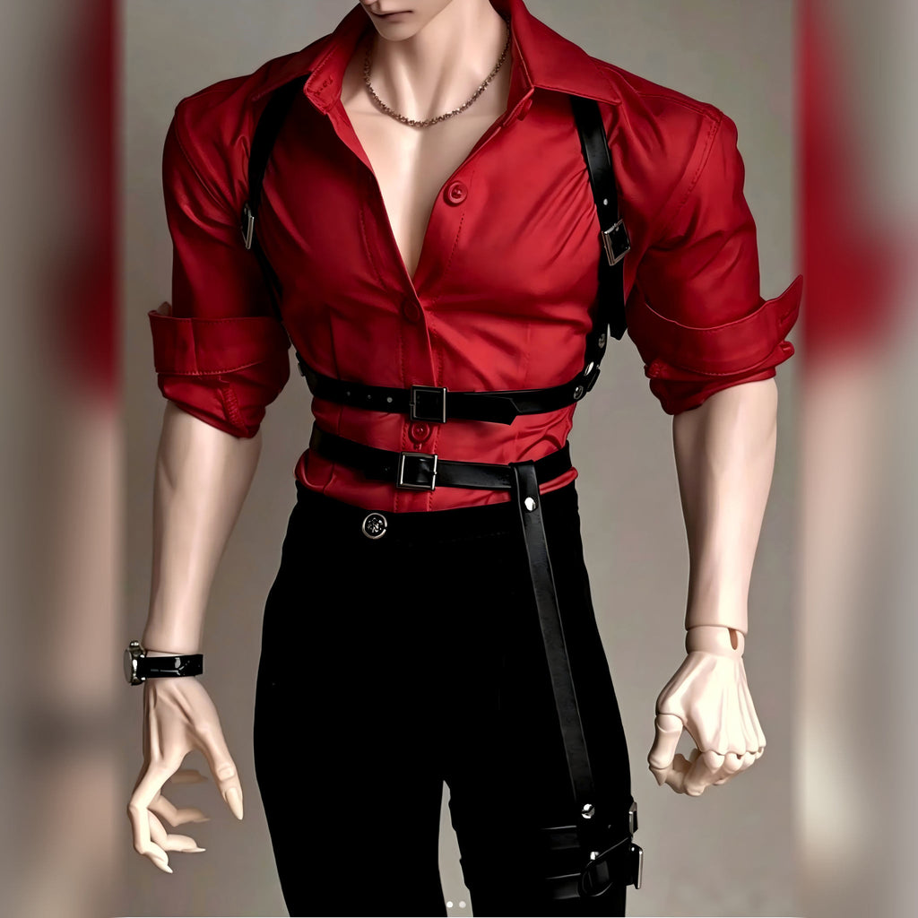 79cm BJD male doll upper body view showing detailed clothing design, muscular torso and realistic resin craftsmanship