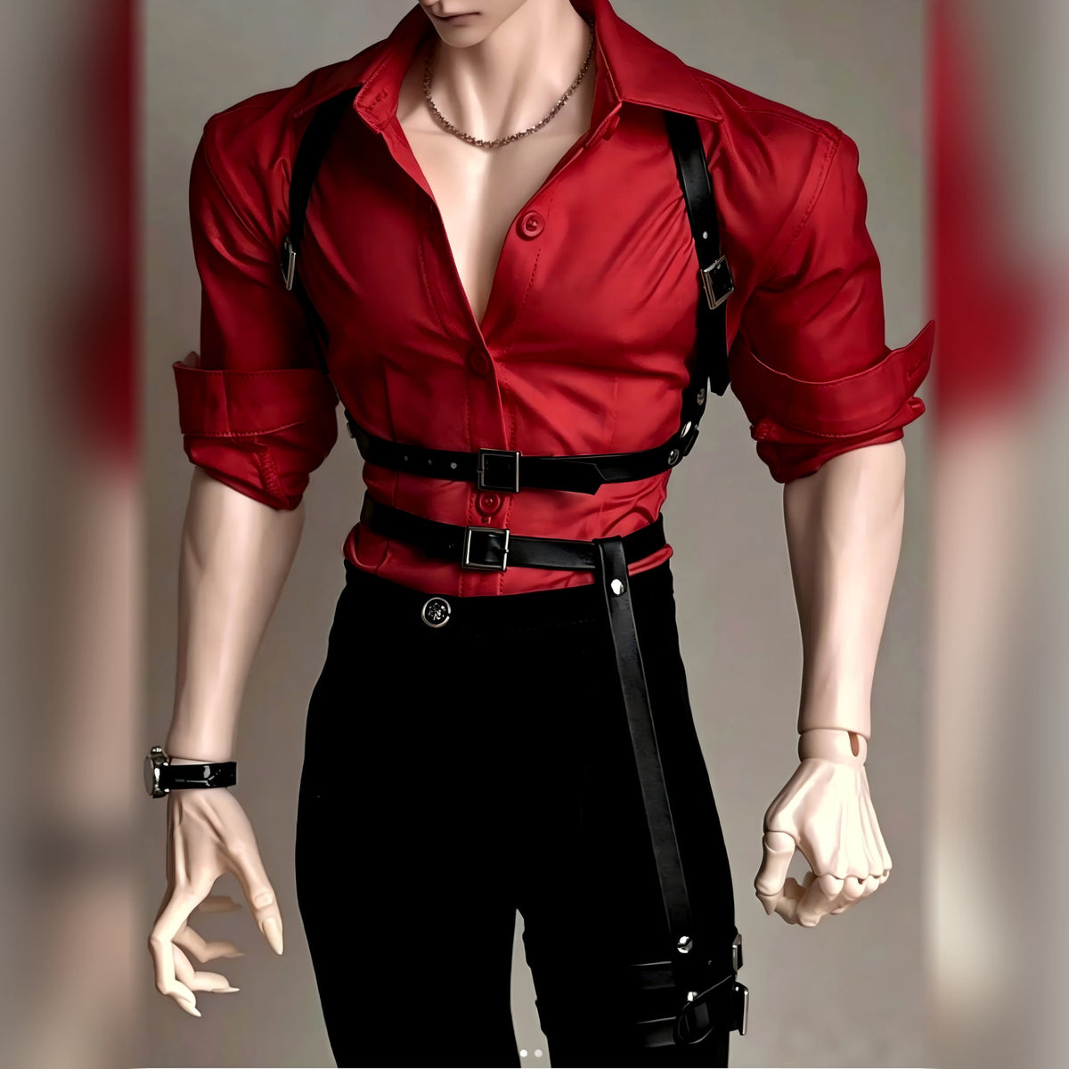 79cm BJD male doll upper body view showing detailed clothing design, muscular torso and realistic resin craftsmanship