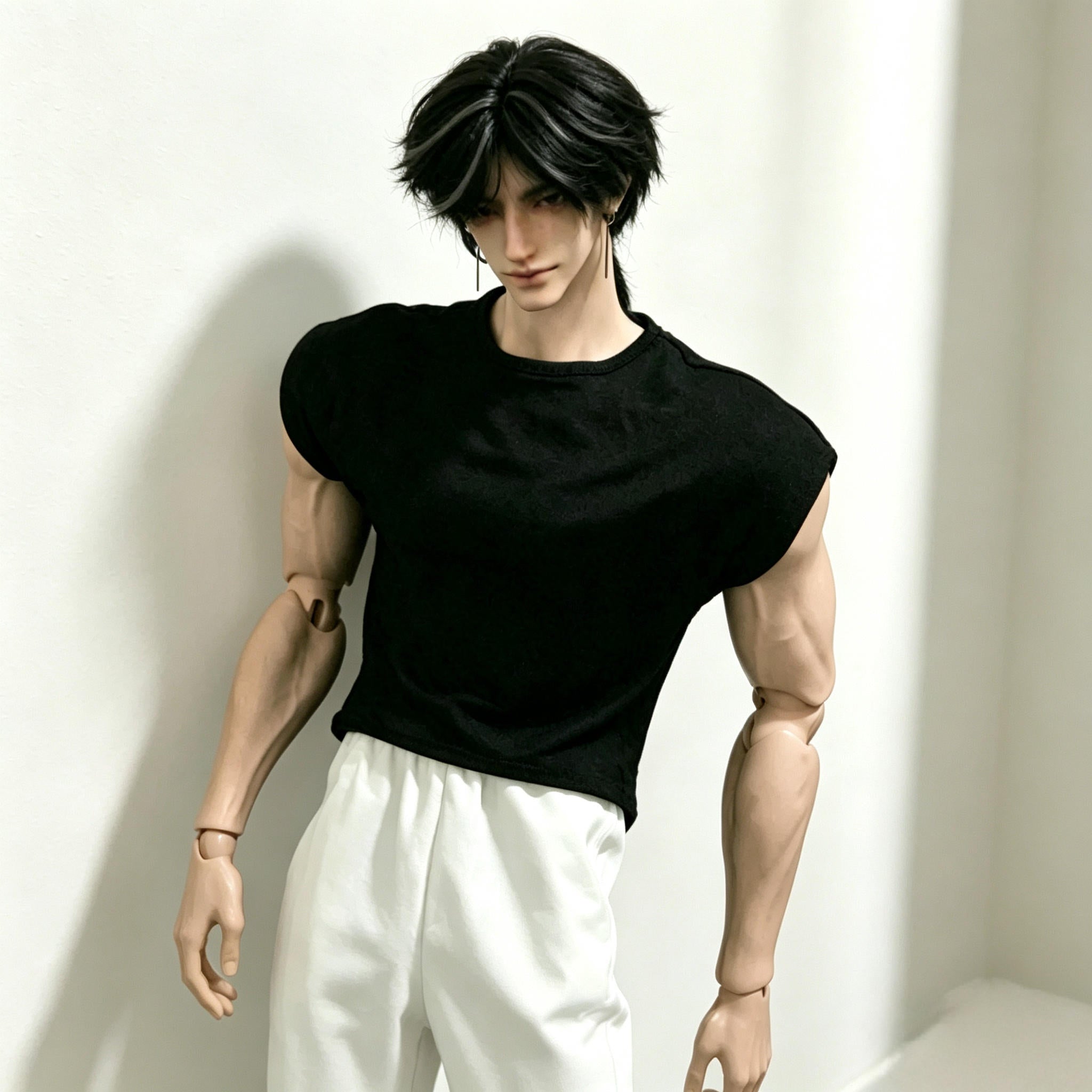 male BJD styled with short black hair, black sleeveless shirt and white pants