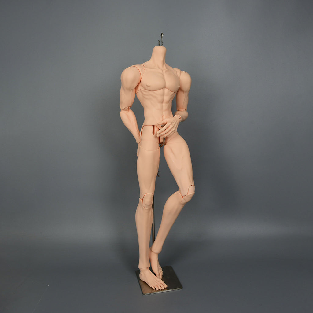 muscular 1/3 scale male BJD body with articulated joints in a dynamic standing pose