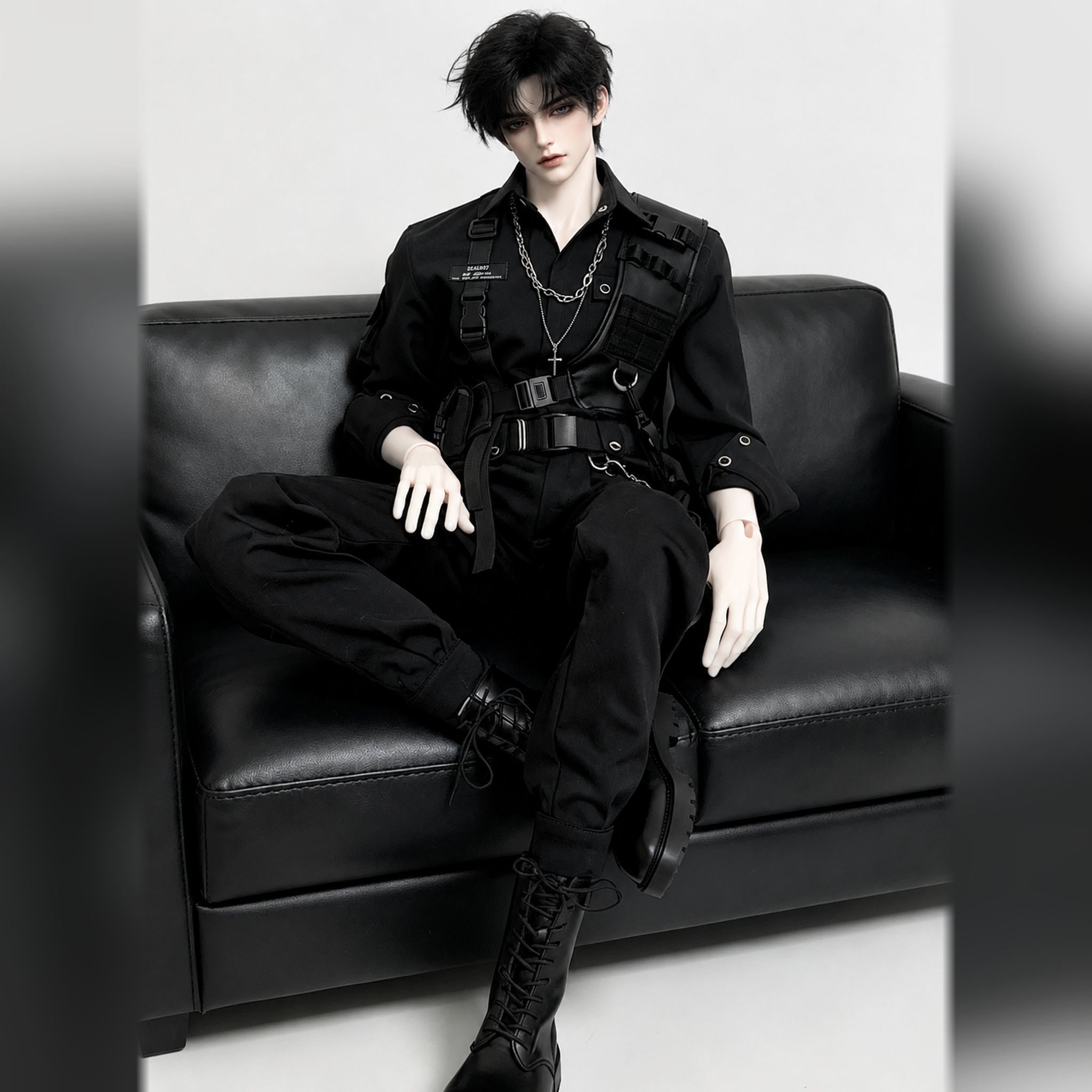77cm Large Male BJD Body wearing black tactical fashion outfit, seated styling display for Body Only reference
