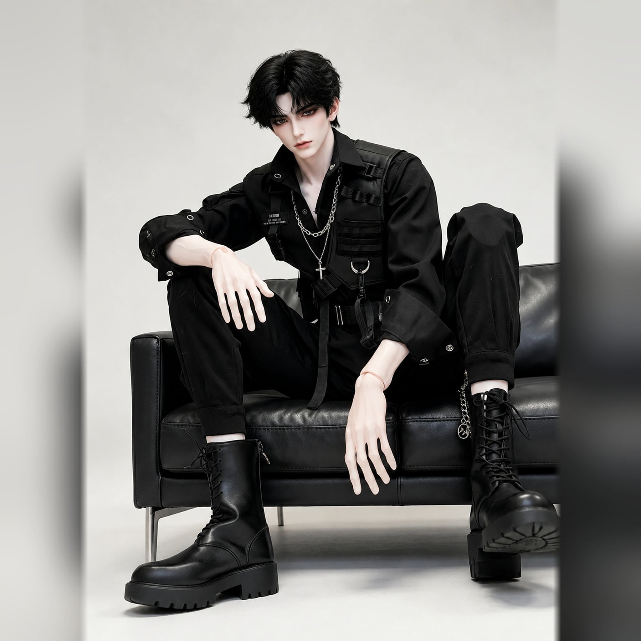 77cm Large Male BJD Body styled in black tactical outfit, full body display for Body Only reference