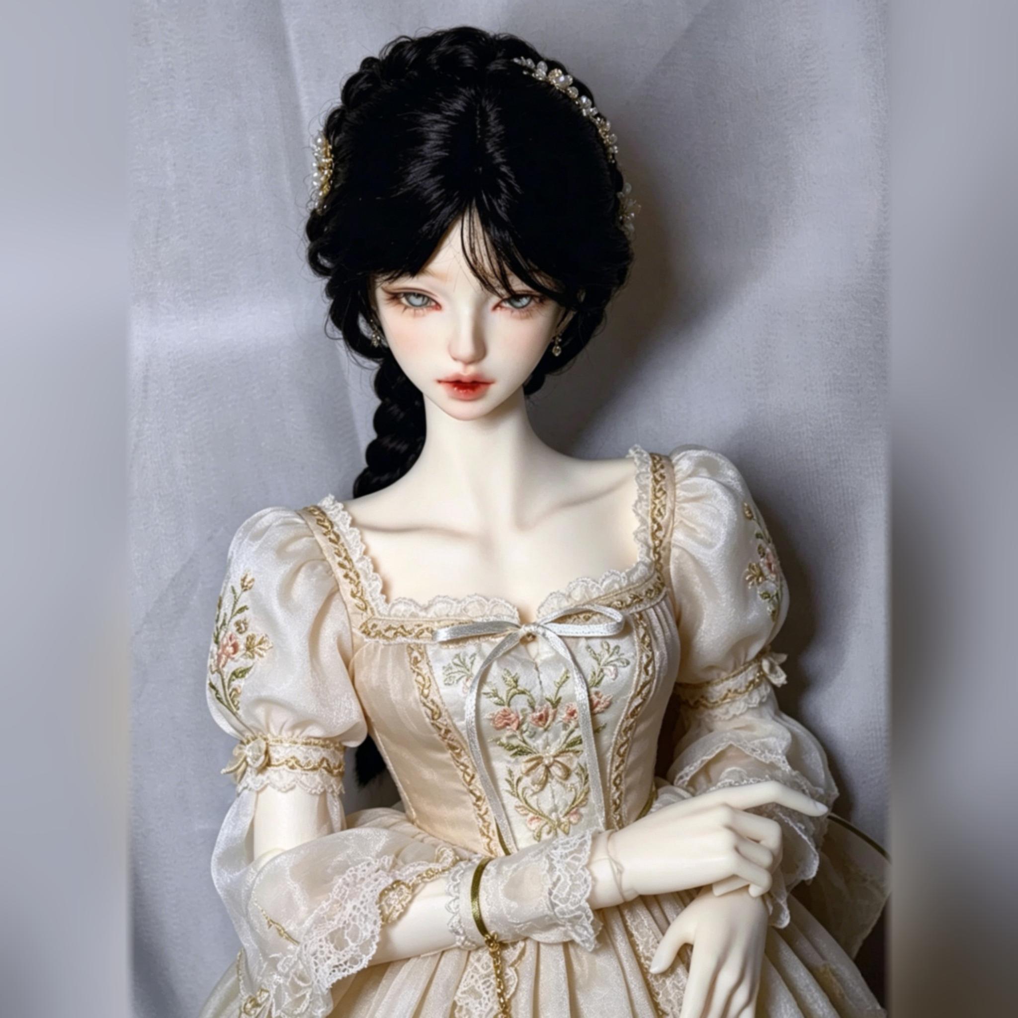 68cm Female BJD Doll shoulder and upper body portrait with embroidered vintage dress and braided hairstyle