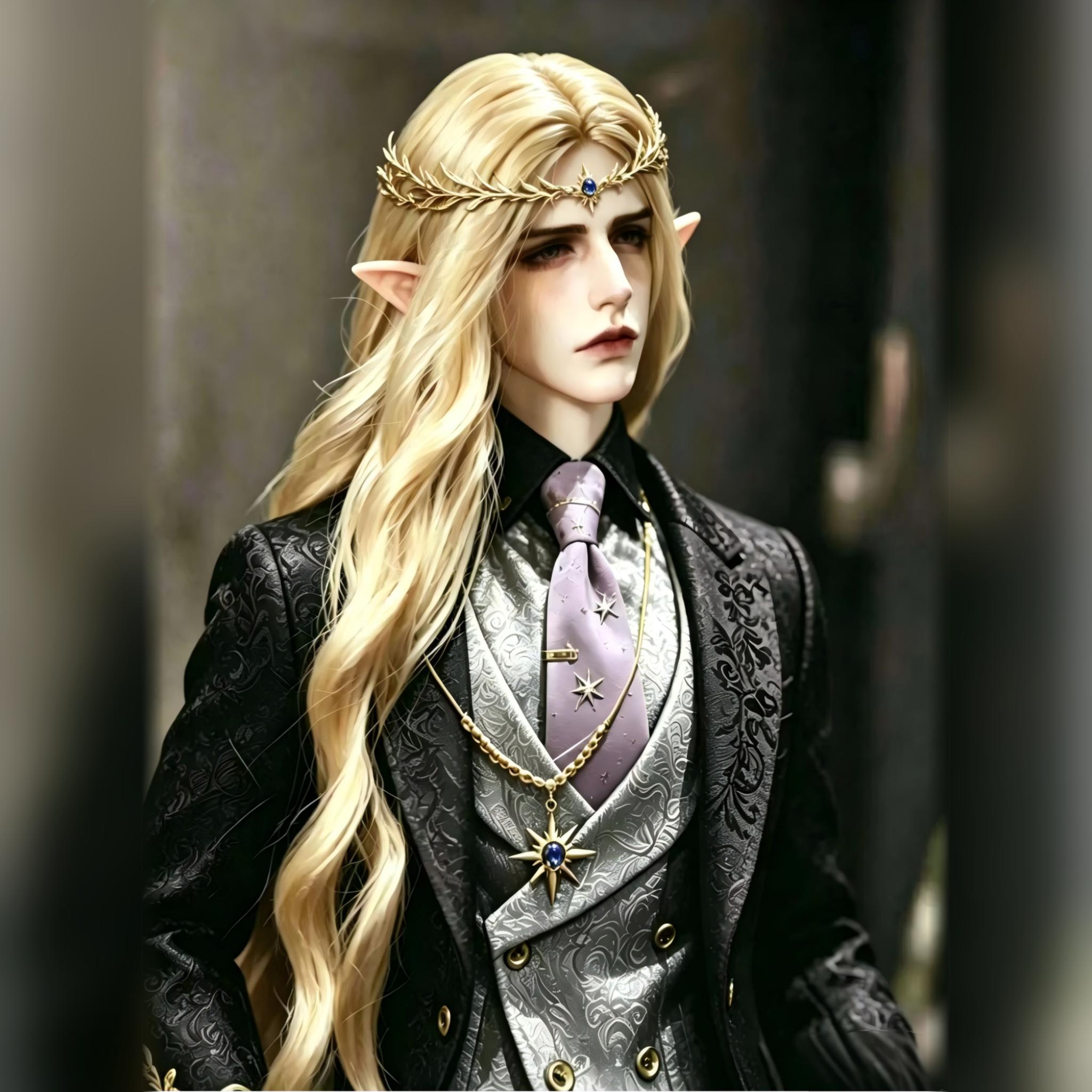 75cm BJD male doll body with fantasy style outfit and long blonde wig display